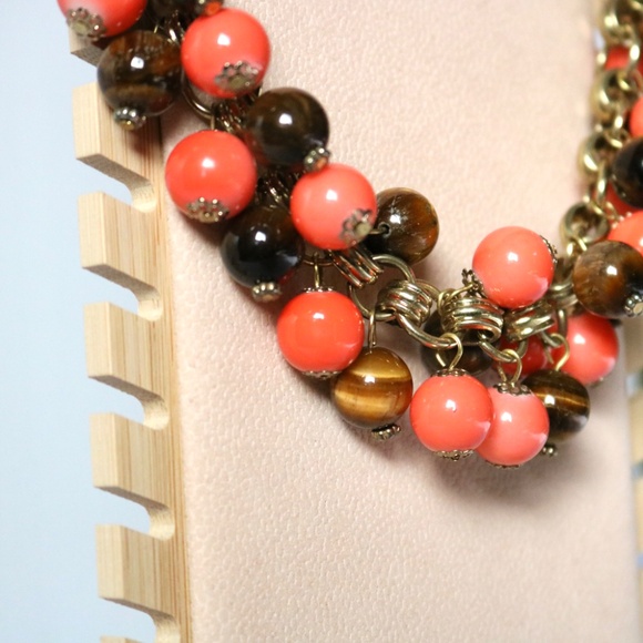Vintage Tiger's Eye and Faux Coral Bead Choker Necklace Gold Tone Chain - Picture 3 of 6